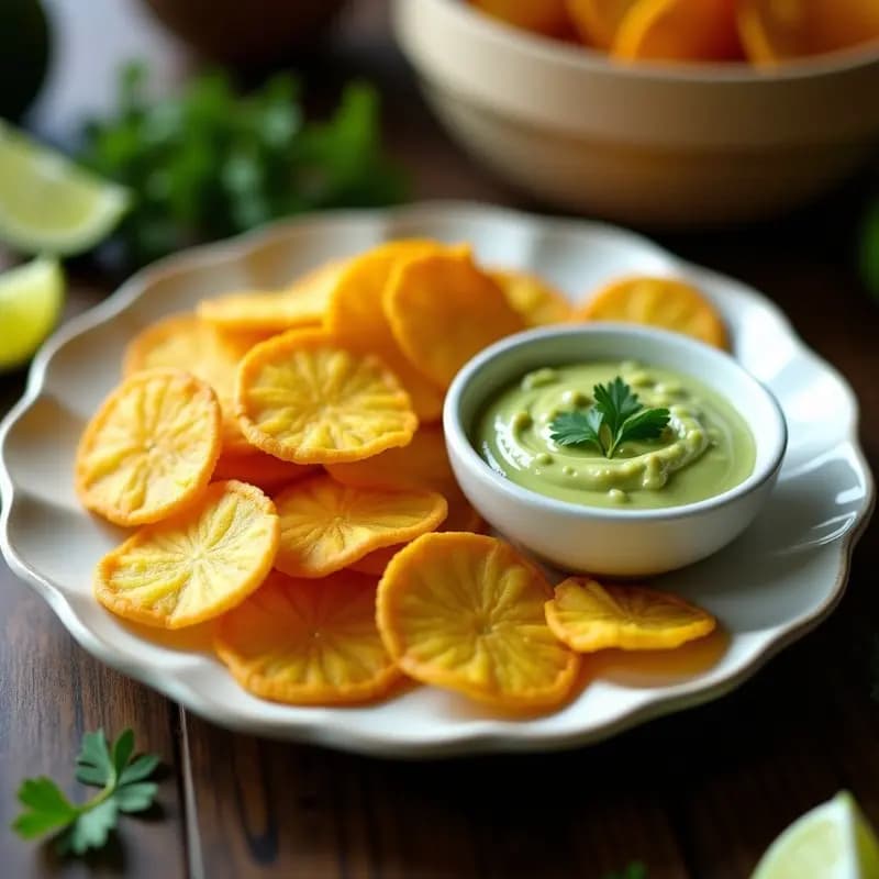 Crujientes de Plátano Verde con Dip de Aguacate y Lima: Aperitivo Colombiano Sin Gluten