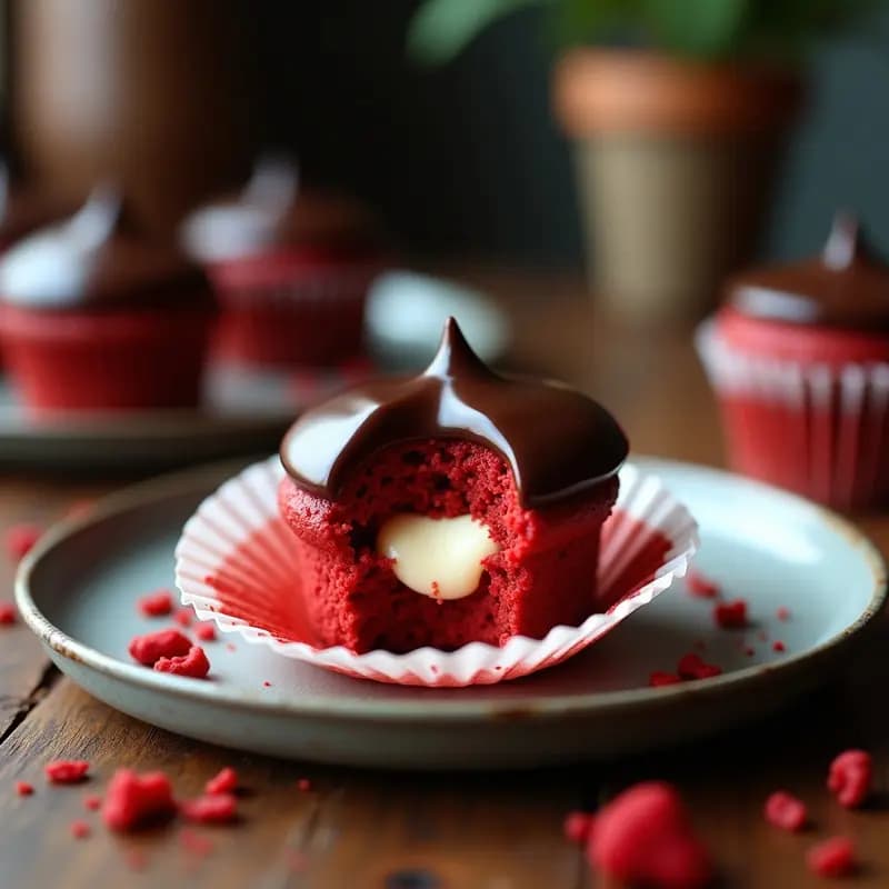 Cupcake de Red Velvet Relleno de Crema de Queso y Cubierto de Chocolate: Tentación en Miniatura