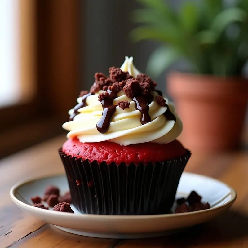 Cupcake de Red Velvet con Queso Cream y Trozos de Brownie: Postre que Desborda Decadencia