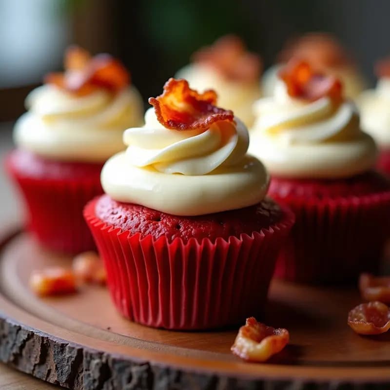 Cupcake de Red Velvet con Frosting de Queso Crema y Trozos de Bacon: Postre Salado-Dulce