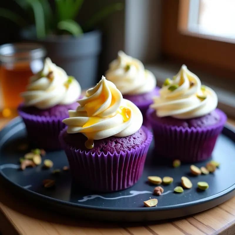 Cupcakes de Batata Morada con Frosting de Queso de Cabra: Postre Morado y Seductivo