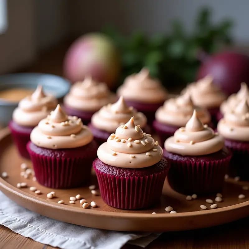 Cupcakes de Harina de Garbanzo y Remolacha con Frosting de Tahini: Postre Vegano Sin Gluten