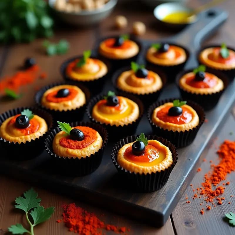 Cupcakes de Hummus con Decoración de Pimentón y Aceite de Oliva: Aperitivo que Parece Postre