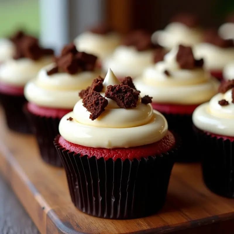 Cupcakes de Red Velvet con Frosting de Queso Crema y Topping de Brownies: Postre Americano Decadente