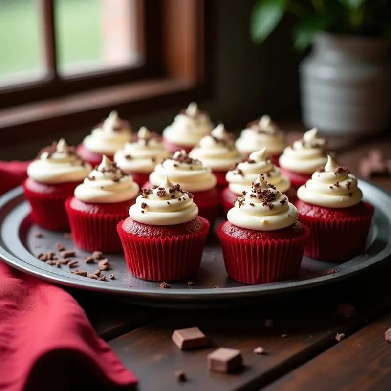 Cupcakes de Red Velvet con Frosting de Queso Crema y Virutas de Chocolate: Postre Colorido y Delicioso