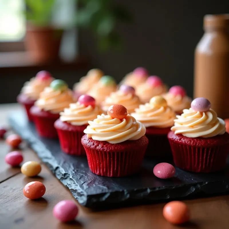 Cupcakes de Red Velvet con Frosting de Queso Crema y Topping de Lacasitos: Mini Postres Explosivos