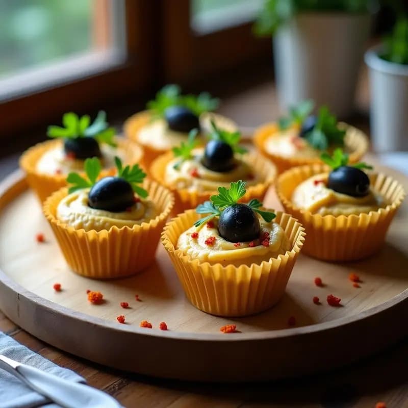 Cupcakes Salados de Masa de Coliflor con Relleno de Hummus y Decoración de aceitunas: Aperitivo Innovador