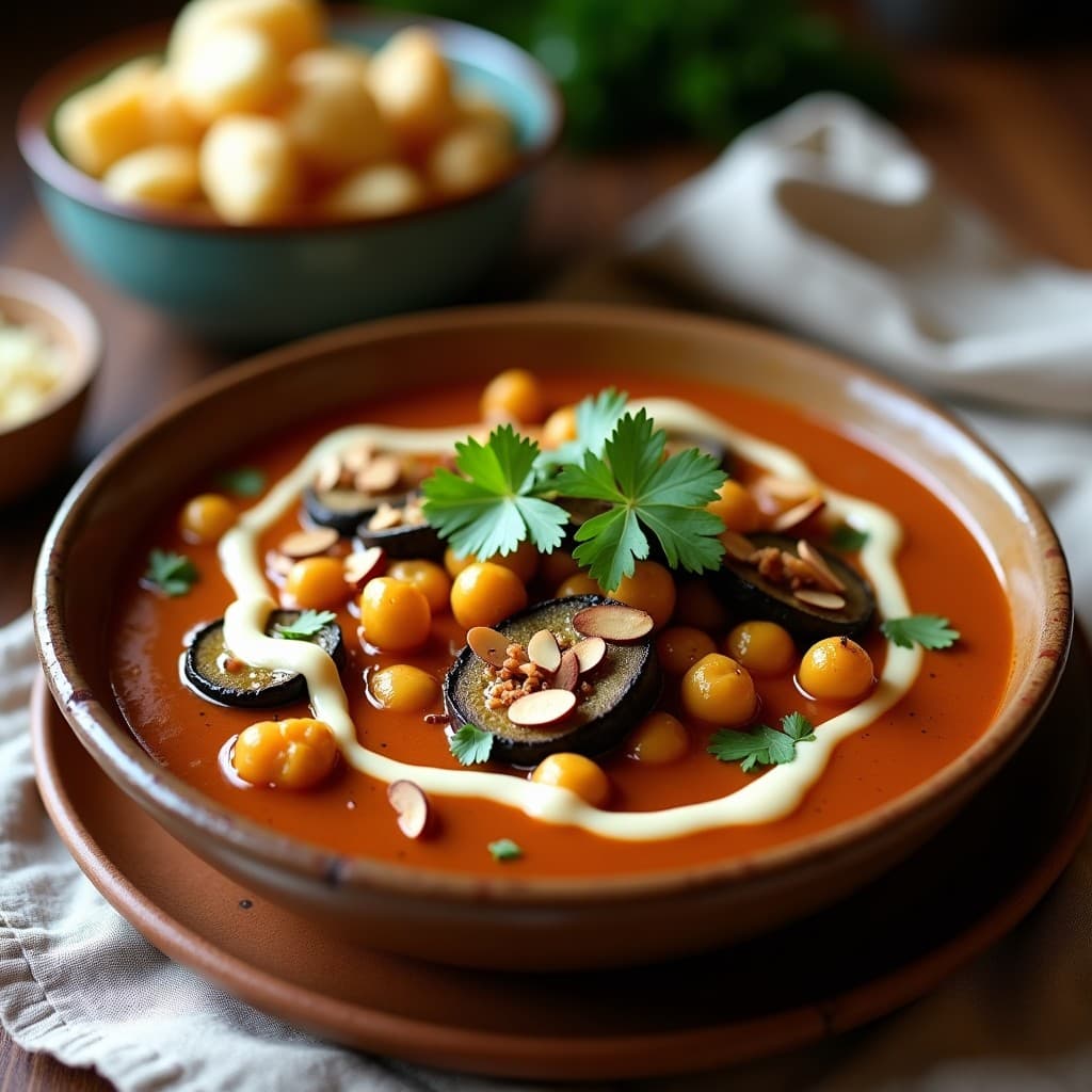 Curry de Berenjena y Chickpeas con Salsa de Tahini: Receta Vegana en Olla Lenta con Toque Árabe