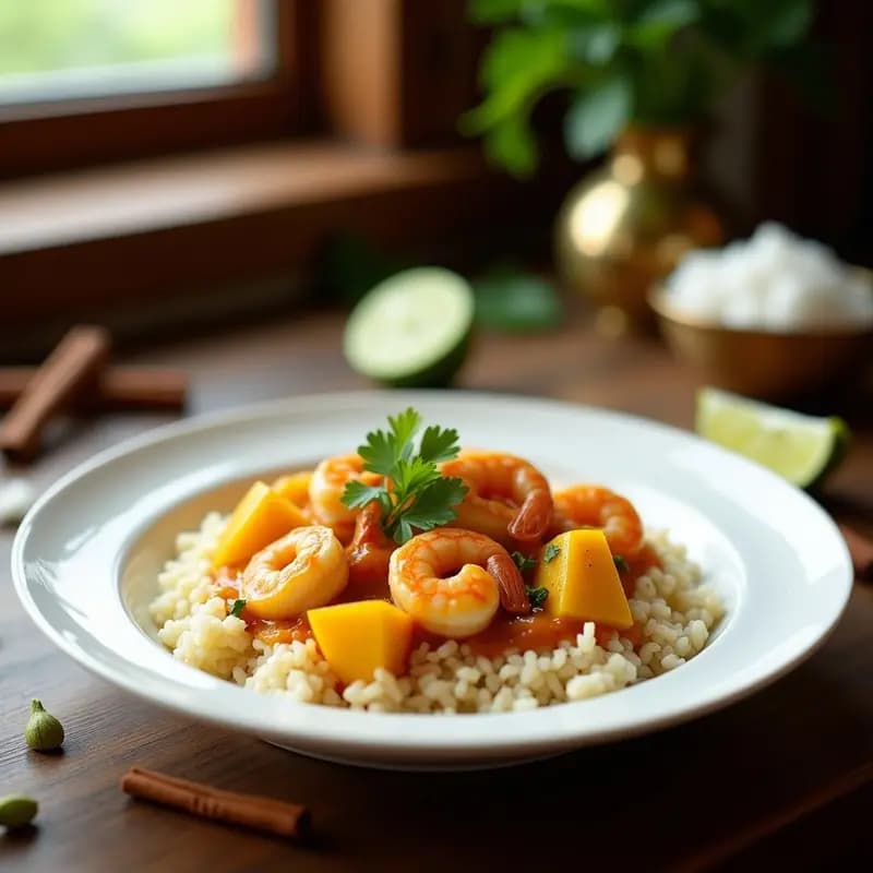 Curry de Camarones y Mango con Arroz Basmati: Receta India Picante y Dulce en 20 Minutos