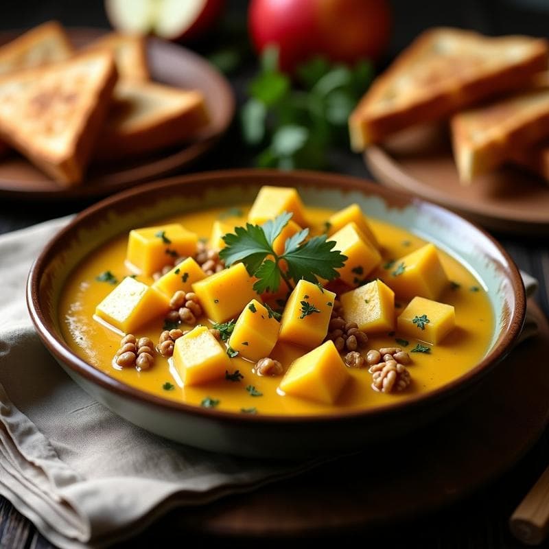 Curry de Camembert y Manzana con Pan de Especias: Receta Francesa Reconfortante
