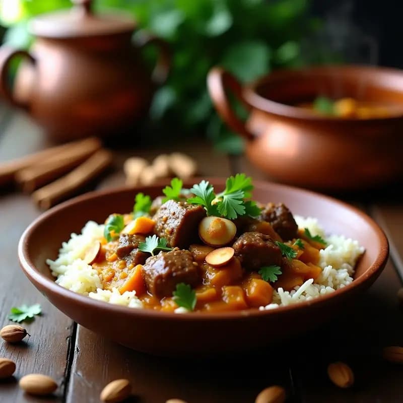 Curry de Cordero y Dátiles con Arroz Basmati: Receta Marroquí de Festividad en Olla de Cobre