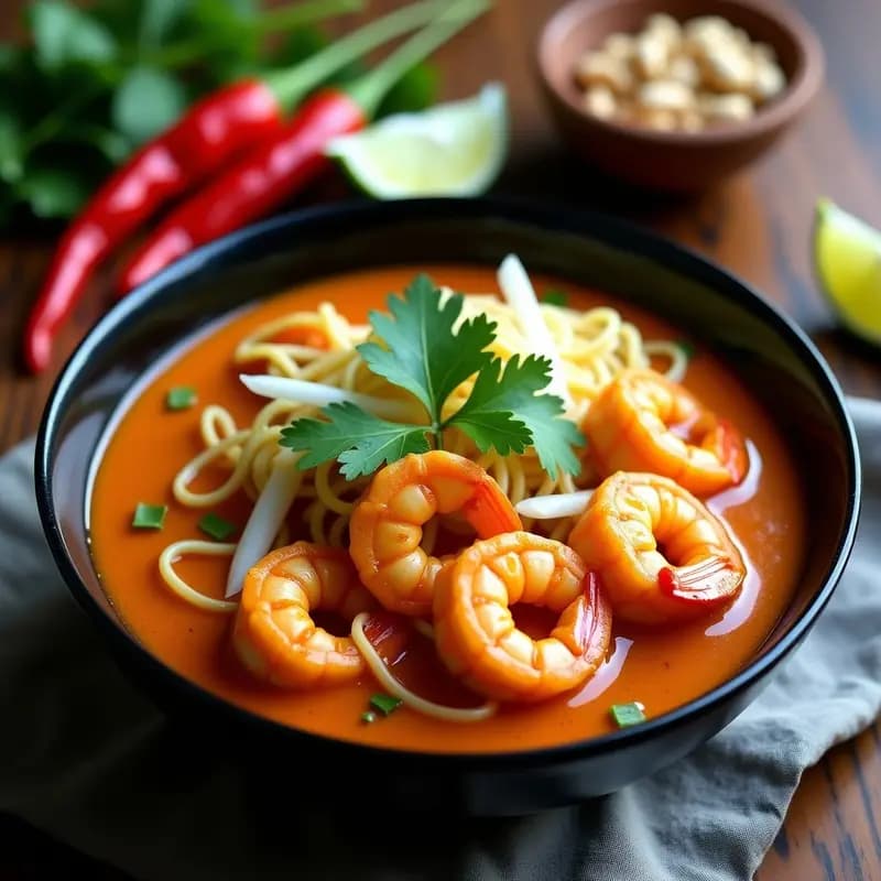 Curry Laska de Camarones y Fideos de Arroz: Receta Malasia Picante y Crema