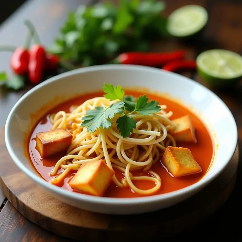 Curry Laska Singapurense con Fideos de Arroz y Tofu: Receta Picante y Aromática en 30 Minutos