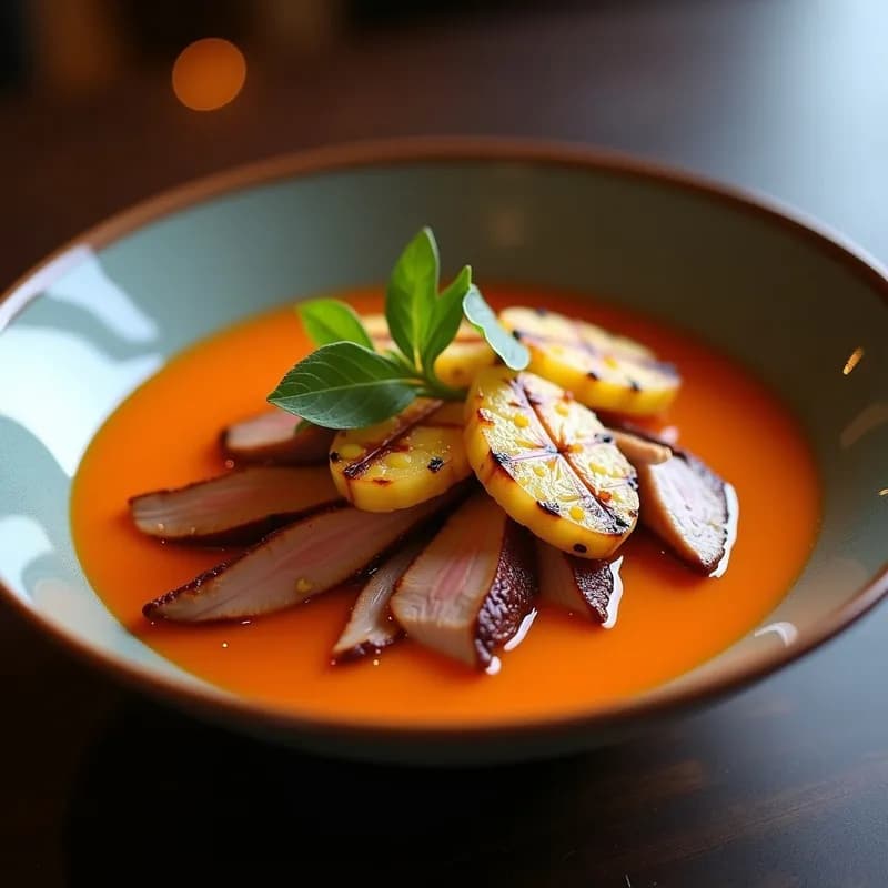 Curry Rojo Tailandés con Pato Confitado y Piña Asada