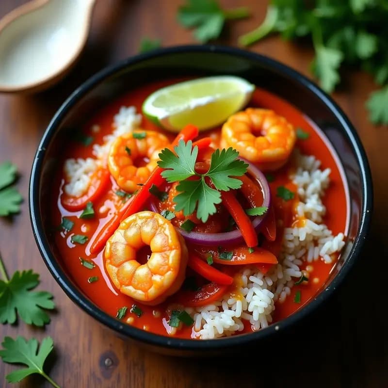 Curry Rojo Tailandés con Garnelen y Basmati: Receta de Mariscos en 20 Minutos con Toque de Lima Kaffir