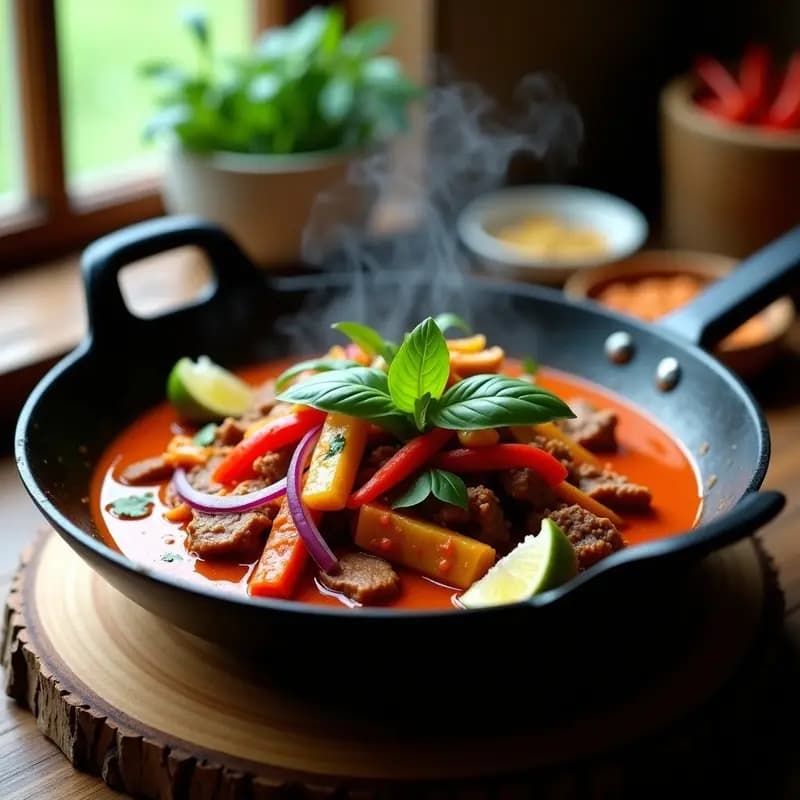 Curry Rojo Tailandés con Ternera y Bambú: Receta Picante y Reconfortante en Wok