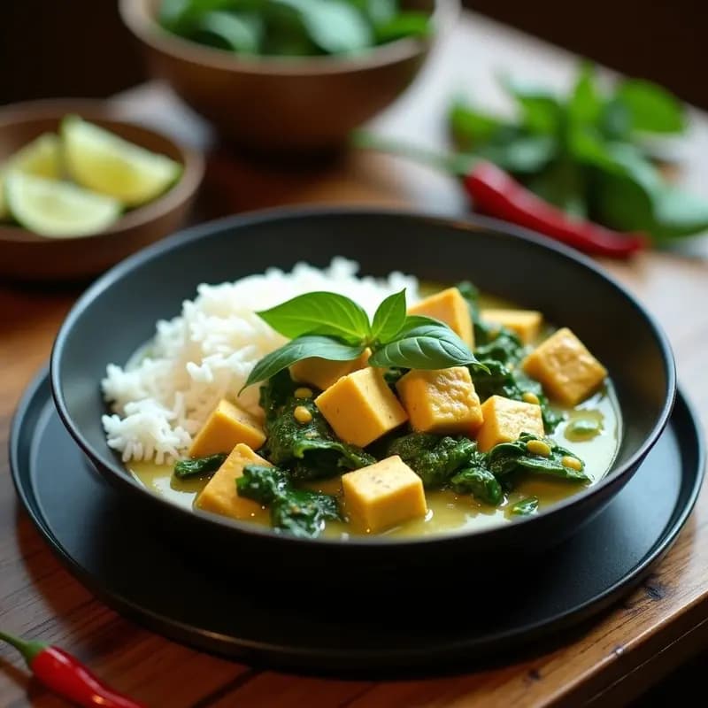 Curry Verde Tailandés con Tofu y Espinacas: Receta Vegetariana Rápida y Alta en Proteínas