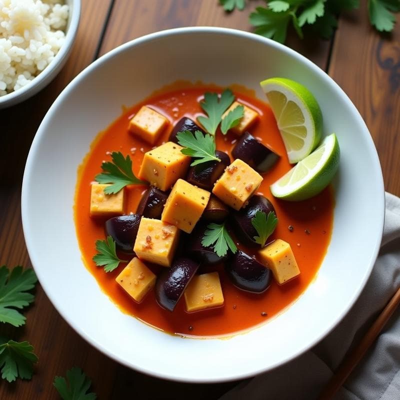Curry Thai de Berenjena y Tofu: Receta en Ollas Superpuestas con Textura Cremosa