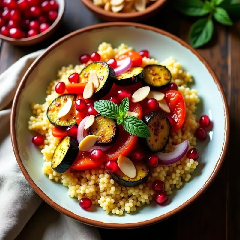 Cuscús Marocí con Verduras Asadas y Granados: Receta Norteafricana Rápida y Nutritiva