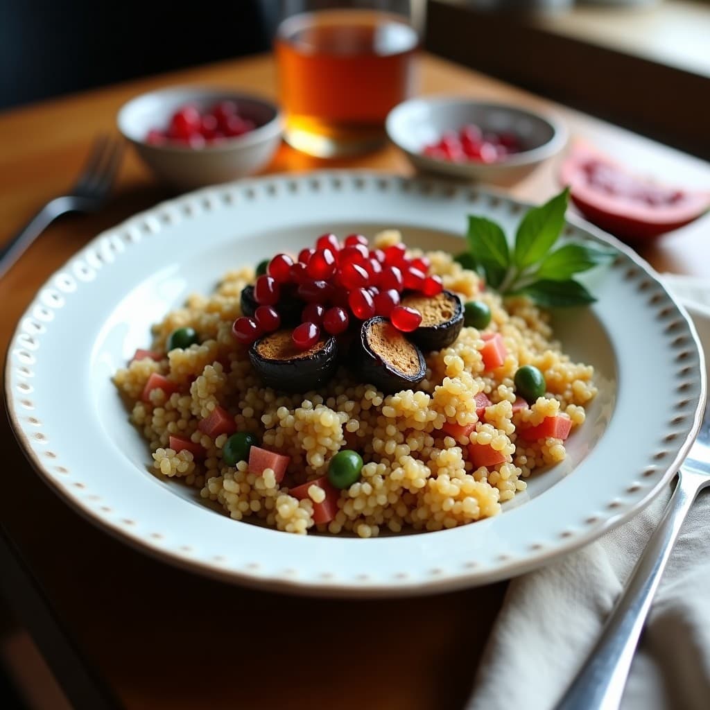 Cuscús de Quinoa con Berenjena Asada y Granada: Bowl Mediterráneo Sin Gluten