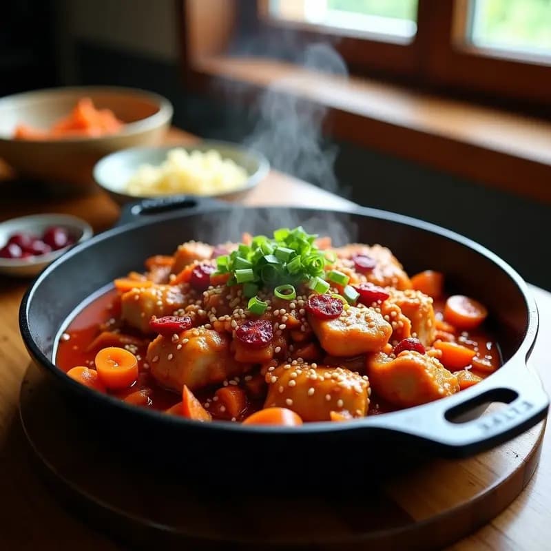 Dakgalbi de Pollo y Kimchi: Receta Coreana Picante en Sartén de Hierro