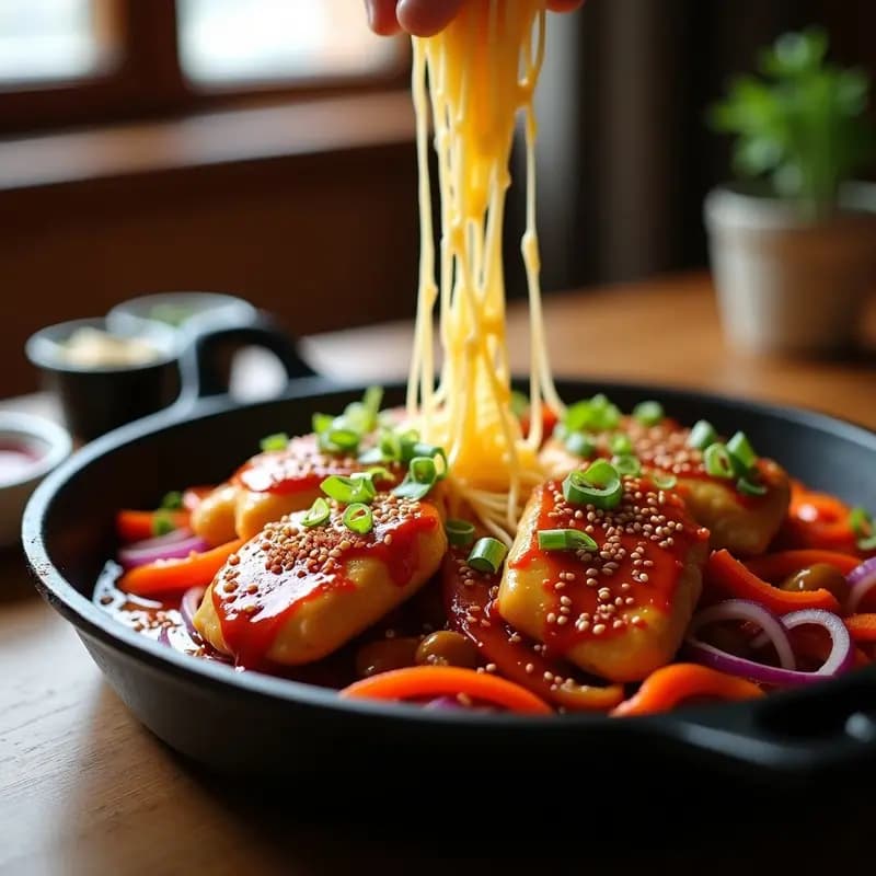 Dakgalbi Coreano con Pollo y Queso Mozzarella: Receta Picante en Sartén