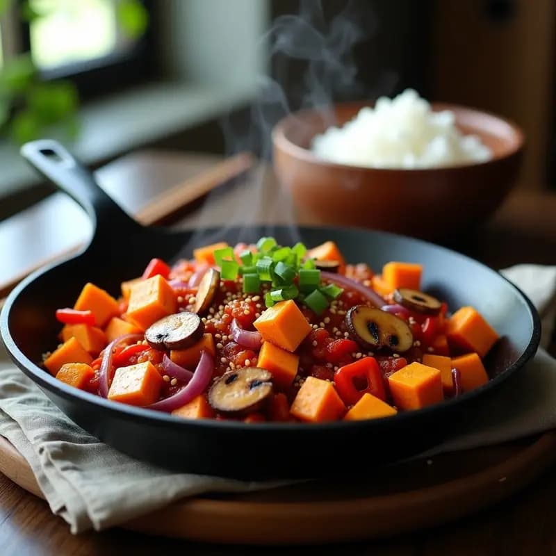 Dakgalbi Coreano de Tofu y Batata: Estofado Picante Vegano en Sartén