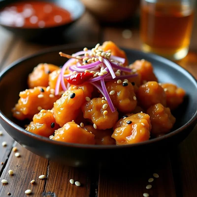 Dakgangjeong Coreano de Pollo Crujiente con Miel y Sésamo: Receta Picante