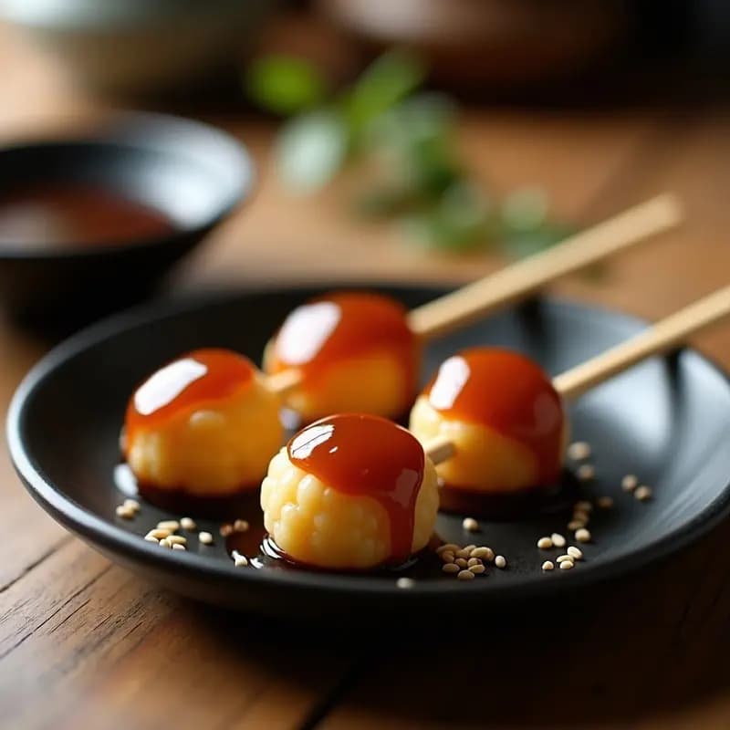 Dango Japonés con Salsa de Soja Dulce: Brochetas de Arroz Glutinoso Tradicionales