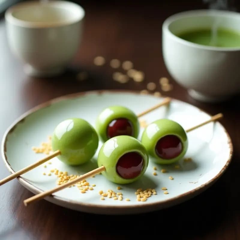Dango Japonés de Té Verde y Frijol Rojo: Brochetas Dulces Glutinosas en 15 Minutos