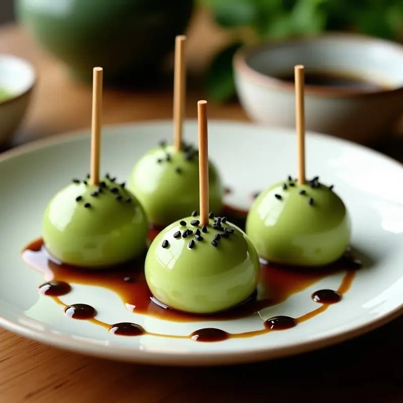 Dango Japonés de Té Verde: Bolas de Arroz Dulces con Salsa de Soja y Jengibre