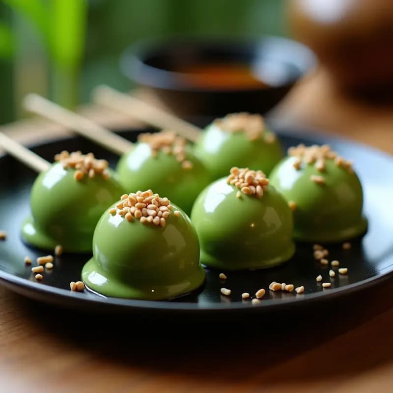 Dango Japonés de Té Verde y Sésamo: Brochetas Dulces de Masa de Arroz