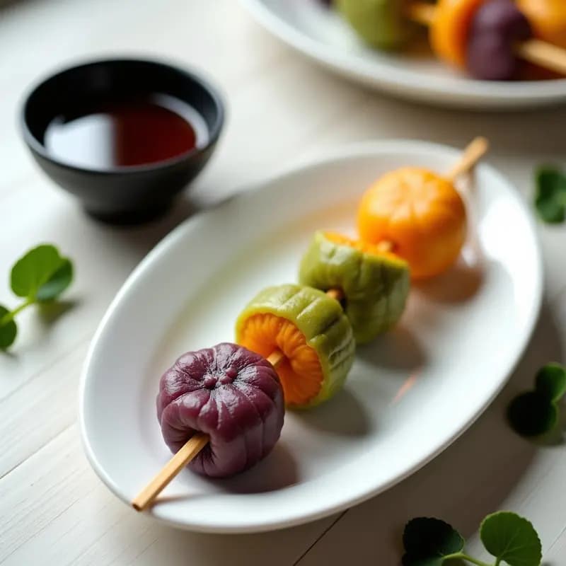 Dango Japonés de Tres Colores: Brochetas Dulces con Salsa de Soja