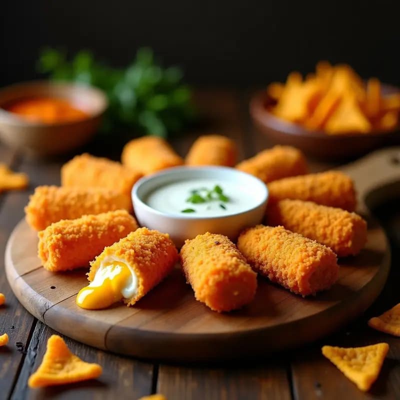 Deditos de Mozzarella Empanizados en Doritos y Servidos con Salsa Ranch: Aperitivo Crujiente que no Puedes Parar de Comer