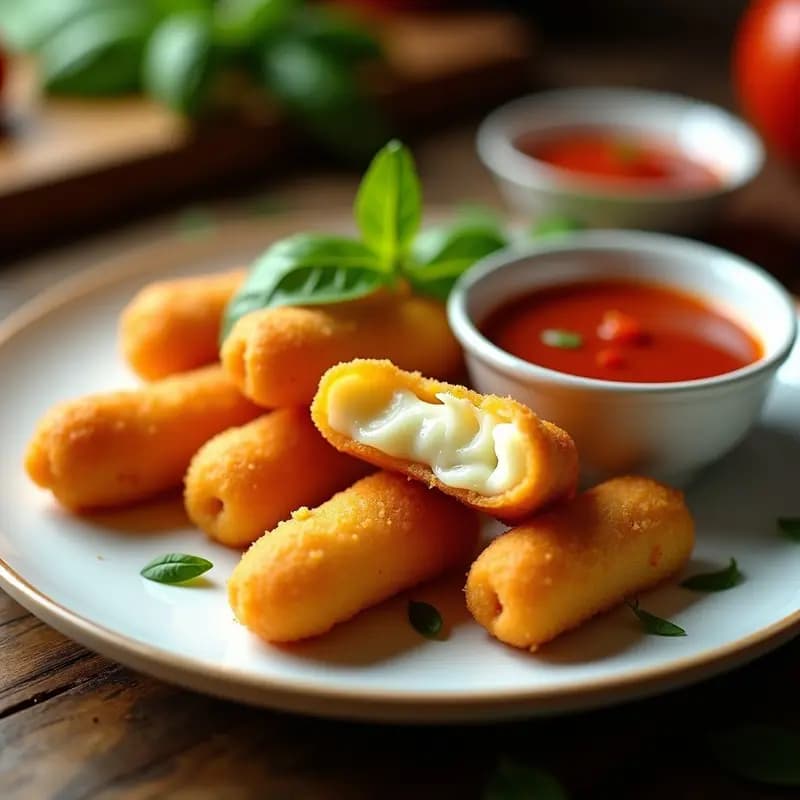 Deditos de Queso Mozzarella con Salsa de Tomate Picante y Albahaca Fresca