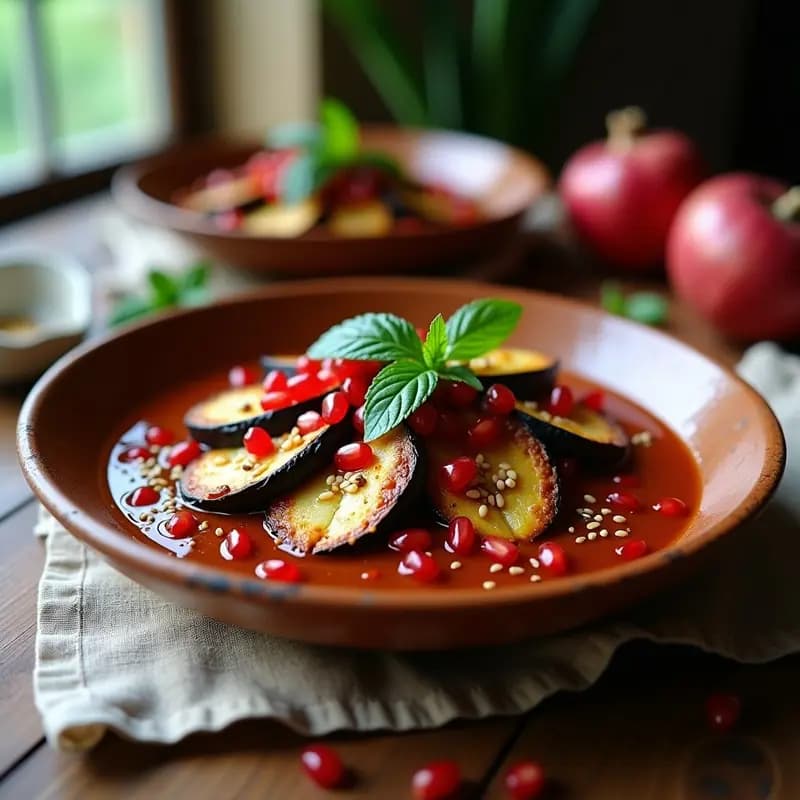 Dendra de Berenjena y Tomate: Receta Iraní Vegana con Granados y Menta Fresca