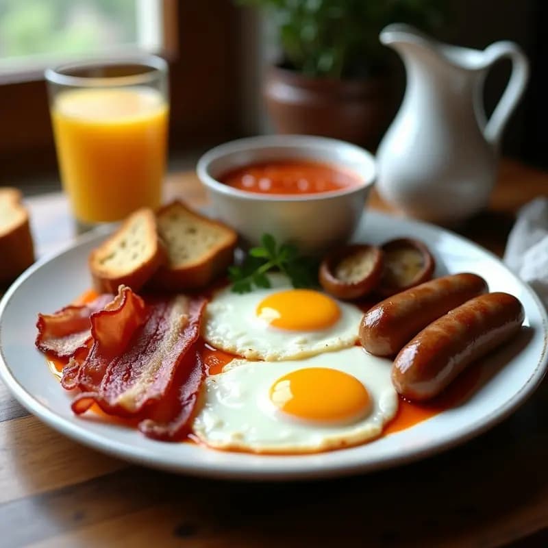 Desayuno Inglés Completo con Huevo, Bacon y Judías al Tomate: Receta Tradicional