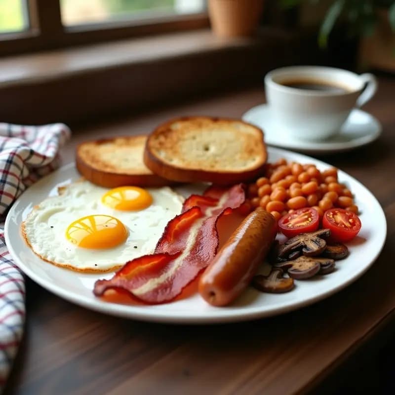 Desayuno Inglés Completo con Huevos, Bacon y Judías: Receta Británica Energética