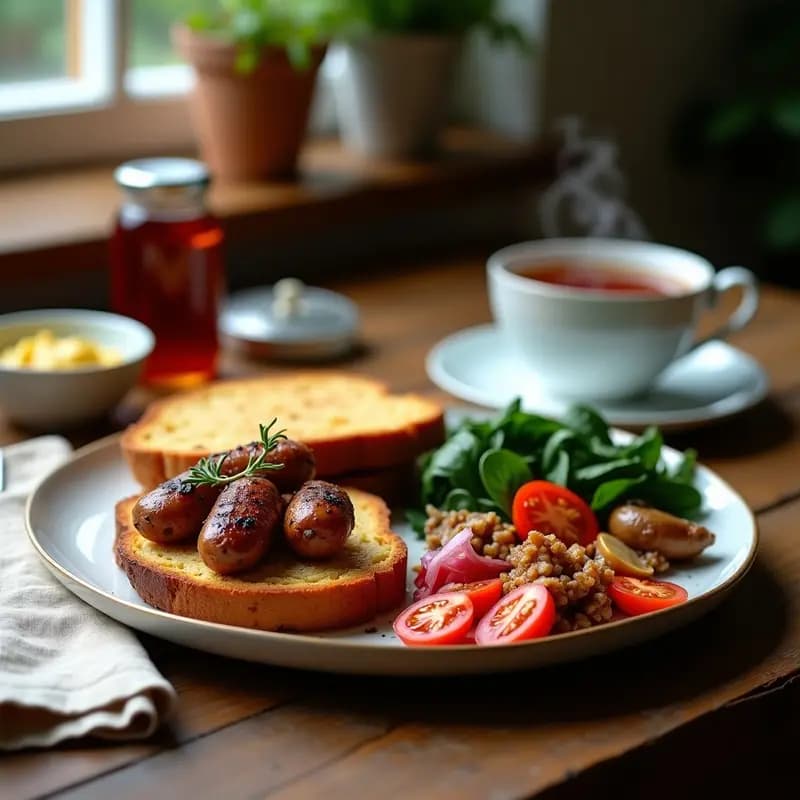 Desayuno Inglés Completo con Salchichas Veganas y Pan de Centeno: Receta Sin Gluten y Alta en Proteína