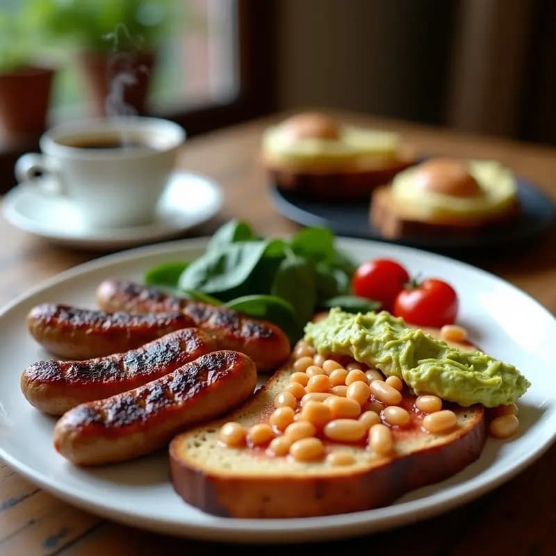 Desayuno Inglés Completo Vegano con Salchichas de Seitan y Champiñones: Receta Sin Colesterol