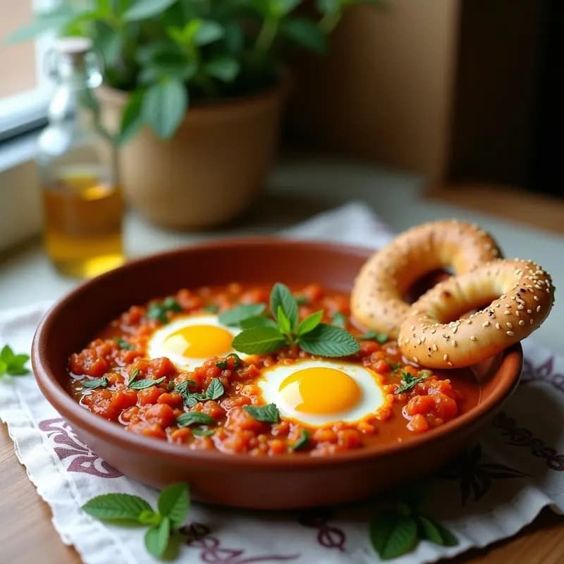 Desayuno Turco con Menemen (Huevos Revueltos con Tomate) y Pan de Simit