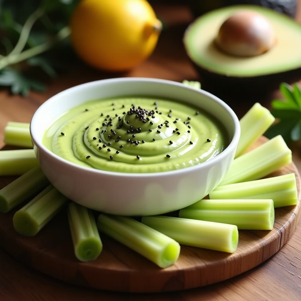 Dip de Aguacate y Wasabi con Bastones de Apio: Aperitivo Vegano y Picante