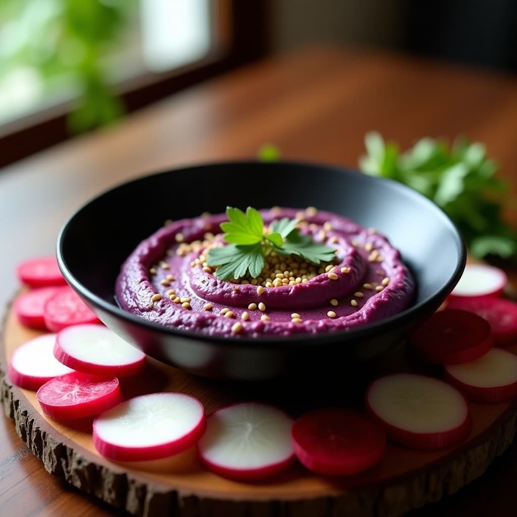 Dip de Batata Morada y Ajo Asado con Crudités de Rabanitos: Aperitivo Vegano y Sin Lácteos
