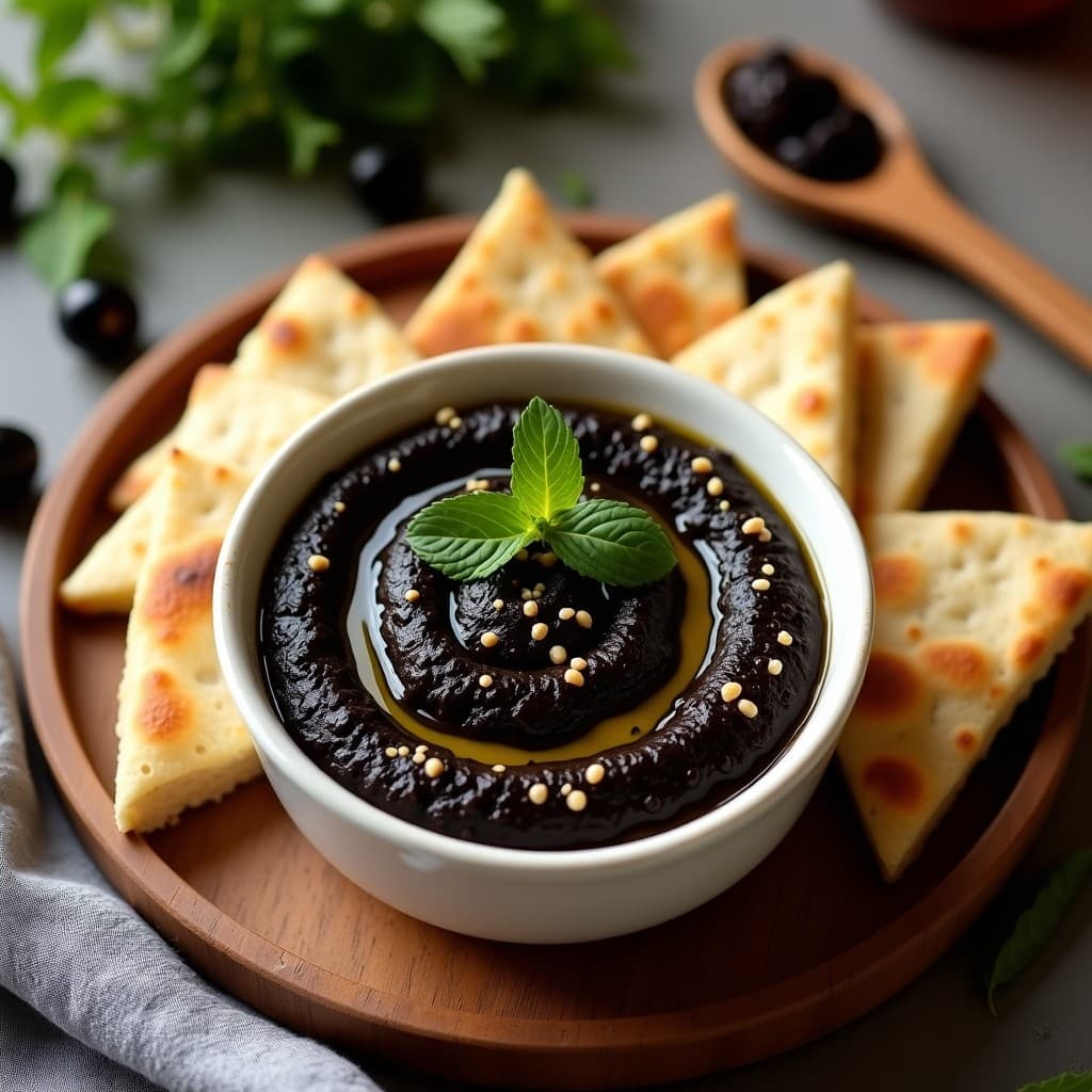 Dip de Garbanzos Negros y Aceite de Oliva Negro con Pan de Pita Integral: Aperitivo Chipriota en 10 Minutos