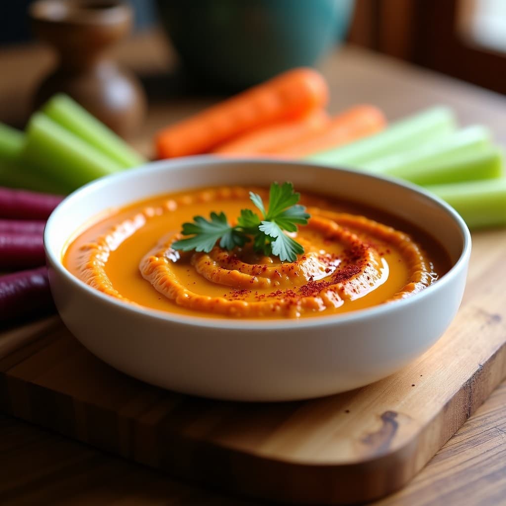 Dip de Lentejas Corail y Comino con Crudités de Zanahoria Morada: Aperitivo Vegano y Proteico