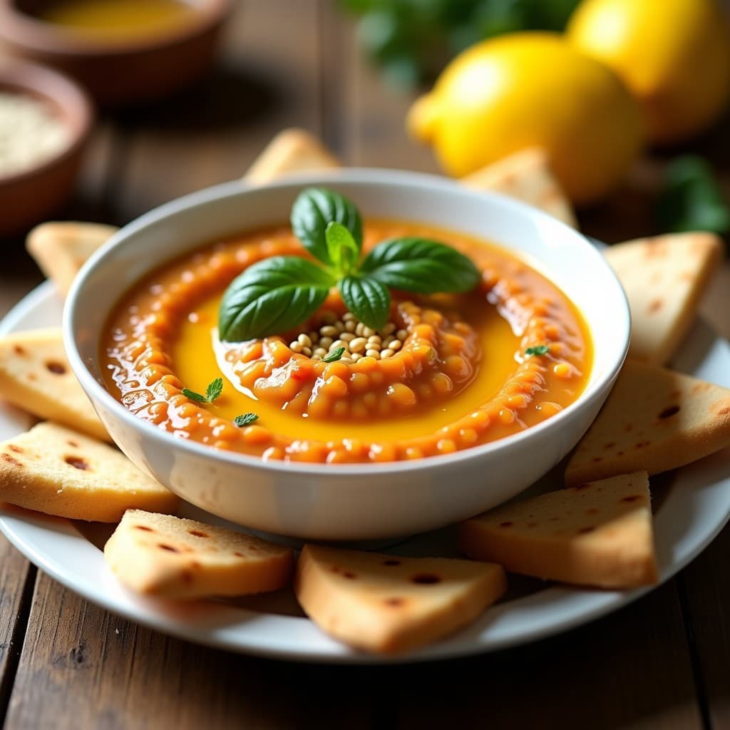 Dip de Lentejas Rojas y Limón Confitado: Receta Libanesa Vegana con Pan de Pita Integral
