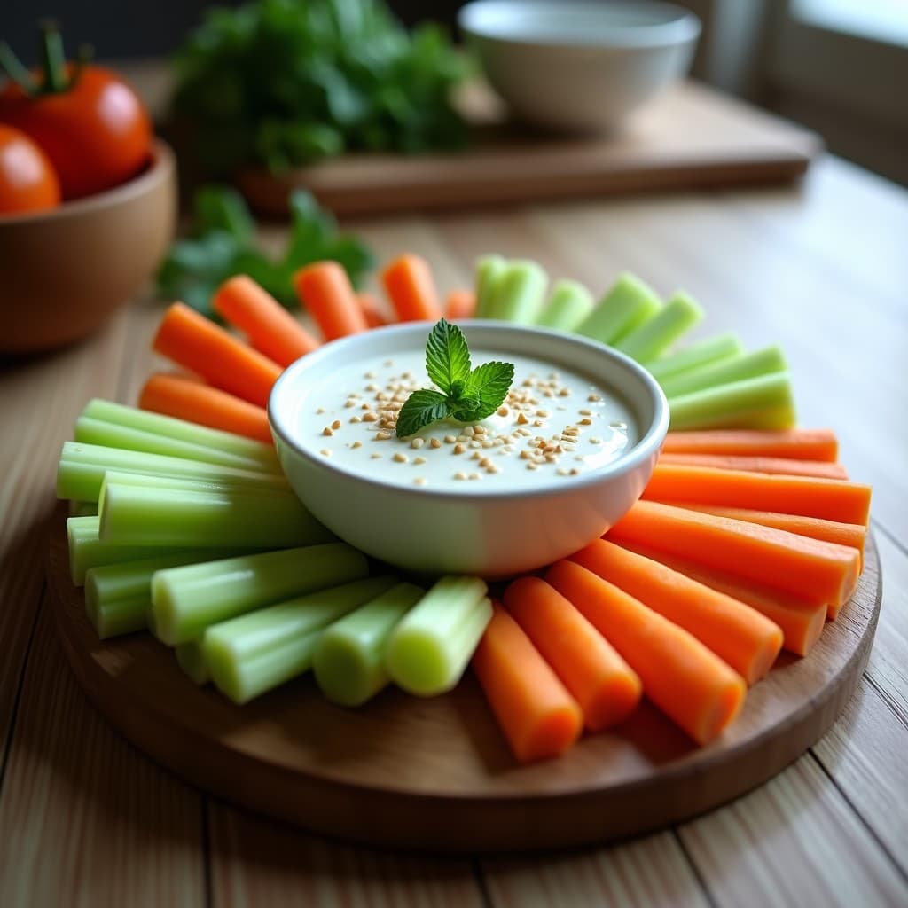 Dip de Yogur de Soja y Menta con Crudités de Apio y Zanahoria: Aperitivo Sin Lactosa