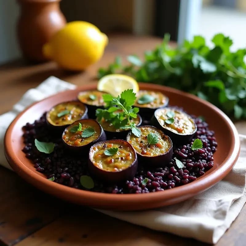 Dolma de Berenjena y Arroz salvaje: Receta Armena Vegana con Hierbas Frescas y Limón