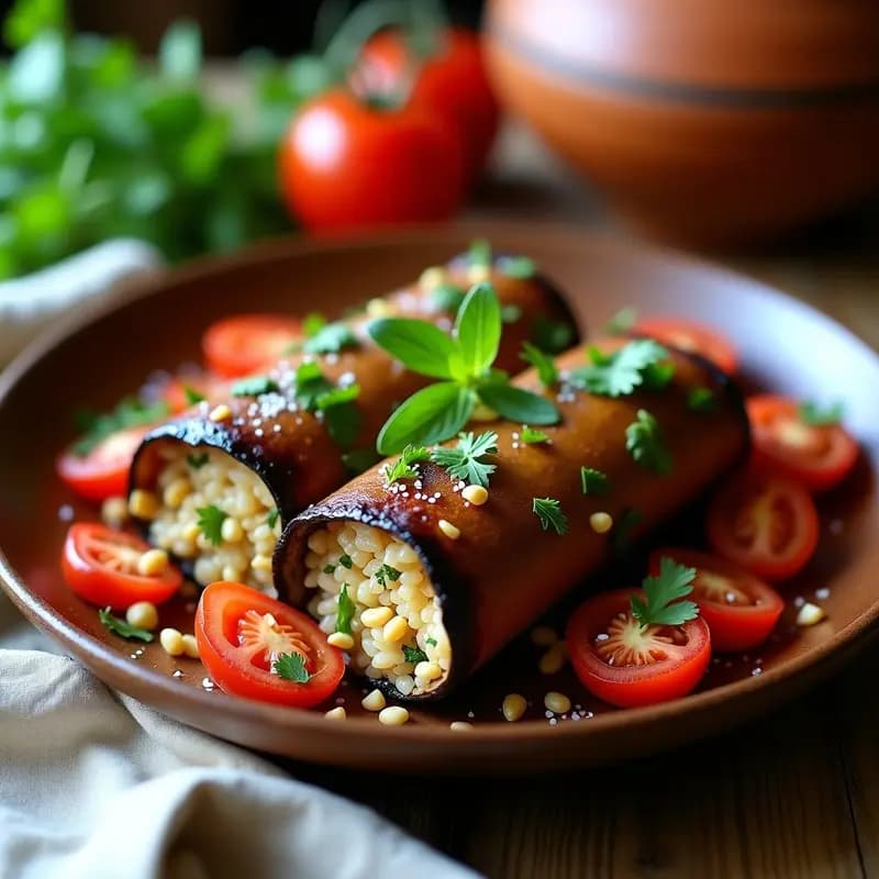 Dolma Armenio de Berenjena y Tomate: Rollitos Rellenos de Arroz y Hierbas sin Carne