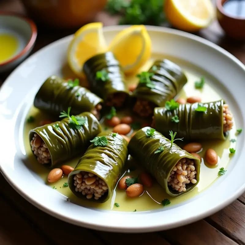 Dolma de Hojas de Parra con Arroz Integral y Piñones: Receta Griega Tradicional